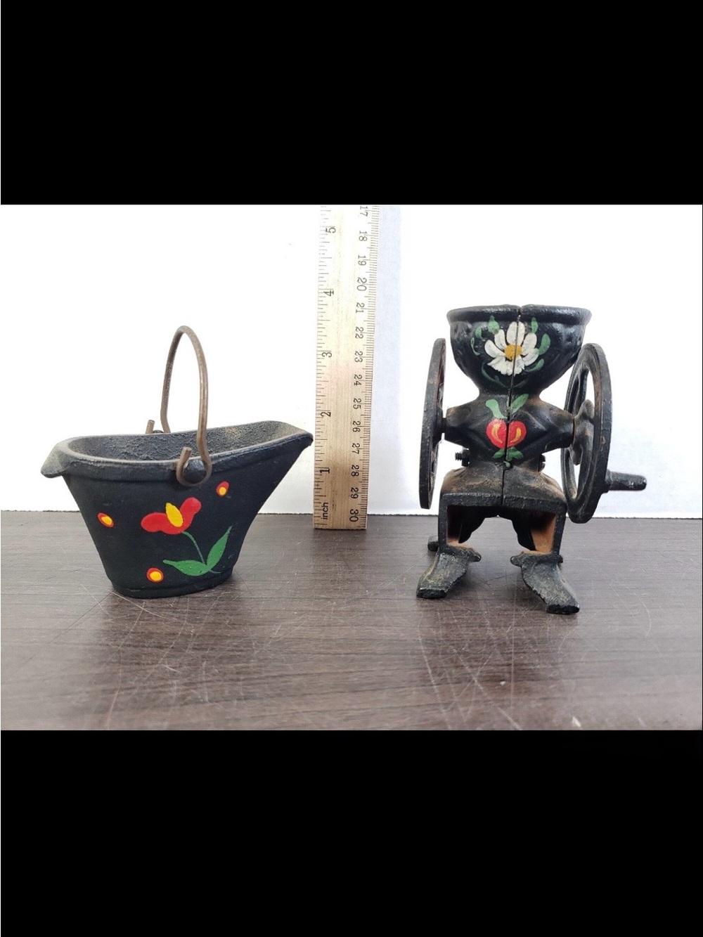 Vintage-Hand Painted Miniature Cast Iron Grinder w/Bucket Set -